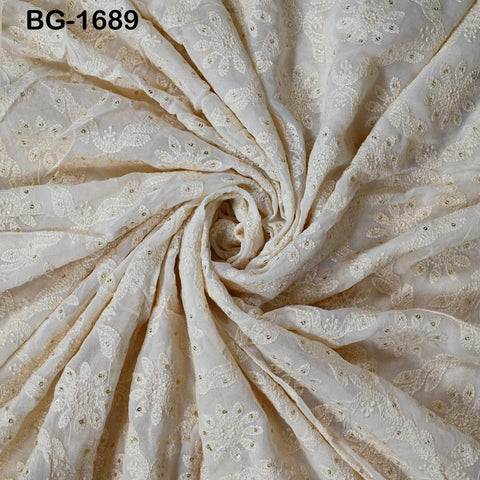 54'' Dyeable Ivory Georgette Sequined Wedding Dress Embroidered Fabric by the Yard Indian Sequin Saree Crafting Sewing Costumes chikankari