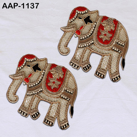2 Piece Elephant Golden Zardozi Appliques and Patches, Embroidered Indian Handmade Applique Sewing DIY Crafting Embellish Clothing Accessory