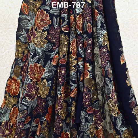 Indian Embroidery Fabric by the Yard Blue Georgette Embroidered Sewing DIY Crafting Summer Women Dress Material Textile Home Decor Curtains