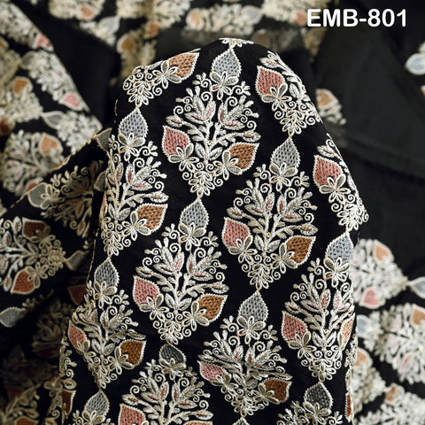 Black Embroidered Fabric by the yard Sewing DIY Crafting Indian Embroidery Wedding Dresses Historical Costumes Waistcoats Longline Jackets