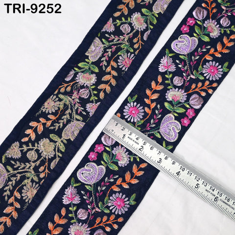 9 Yard Navy Blue Embroidery Ribbon 8cm Indian Embroidered Fabric Trim Laces Sewing Regency Reticules, Victorian Handbags DIY Crafting