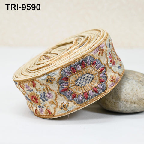 3 Yard Beige 5cm Embroidery Trims Ribbon Indian Sari Border Embroidered Crafting Sewing Costume Tote Bags Tablecloth Lampshade Home Decor
