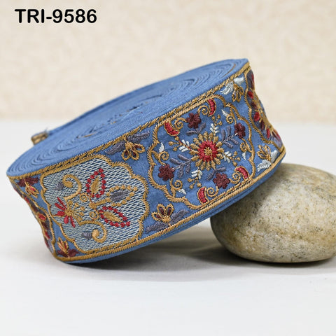 9 Yard Blue 5cm Embroidery Trims Ribbon Indian Sari Border Embroidered Crafting Sewing Costumes Tote Bags Tablecloth Lampshades Home Decor