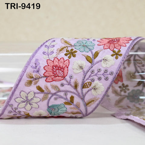 9 Yard Lavender Indian Embroidery Ribbons Border Floral Embroidered Fabric Trims Saree DIY Crafting Sewing Embellishment Junk Journals 9cm