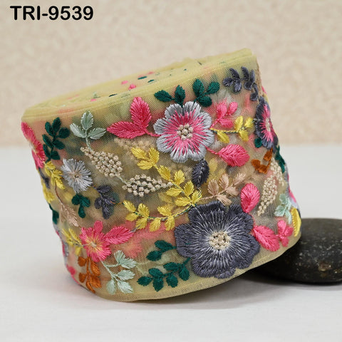 9 Yard Indian Light Yellow Embroidery Ribbon Embroidered Trim Saree Sewing Embellishment Costumes Accessories Crafting Borders Trimming 10cm