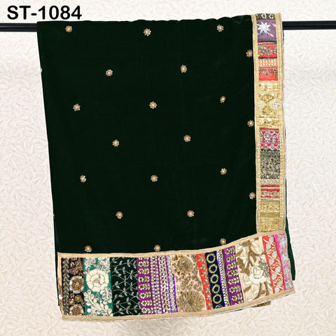 Velvet Shawl Green Designer Dupatta Vintage Hand Embroidered Border Gift Friend Indian Chunni Bridal Veil Lehenga Festival Punjabi Wedding