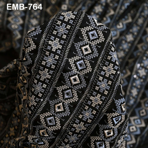 54" Black Embroidery Fabric by the yard Sewing Crafting Indian Wedding Dress Costumes Bags Throw Pillow Home Decor