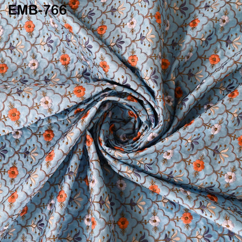 Blue Embroidery Fabric by the yard Sewing DIY Crafting Indian Wedding Dress Costumes Bag Throw Pillow Home Decor Embroidered Textiles Cloth