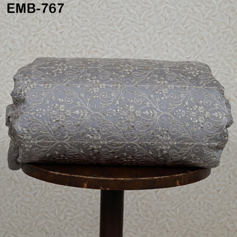 Grey Embroidered Fabric by the yard Embroidery Wedding Dresses Theatrical Historical Regency Reticules, Victorian Handbags Junk Journals