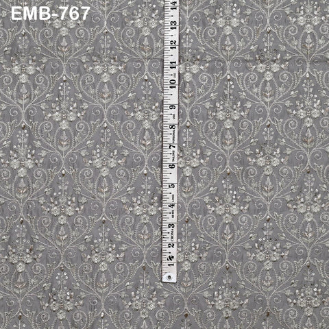 Grey Embroidered Fabric by the yard Embroidery Wedding Dresses Theatrical Historical Regency Reticules, Victorian Handbags Junk Journals