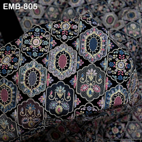 Black Embroidered Fabric by the yard Sewing Crafting Indian Embroidery Dresses Costumes Regency Reticules Victorian Handbags Junk Journals