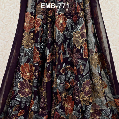 Indian Embroidery Fabric by the Yard Wine Georgette Embroidered Sewing DIY Crafting Summer Women Dress Material Textile Home Decor Curtains