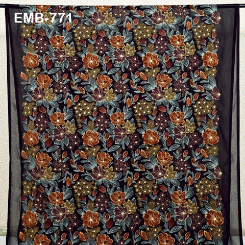 Indian Embroidery Fabric by the Yard Wine Georgette Embroidered Sewing DIY Crafting Summer Women Dress Material Textile Home Decor Curtains