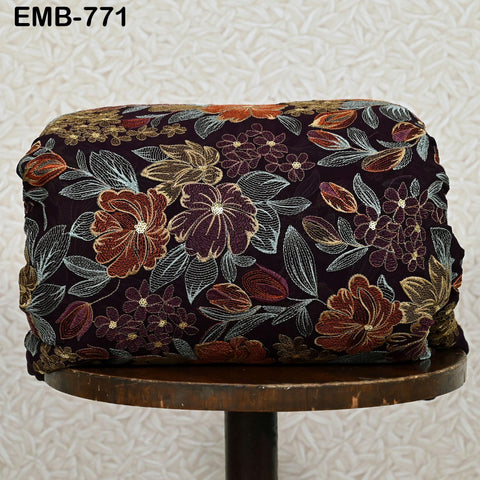 Indian Embroidery Fabric by the Yard Wine Georgette Embroidered Sewing DIY Crafting Summer Women Dress Material Textile Home Decor Curtains