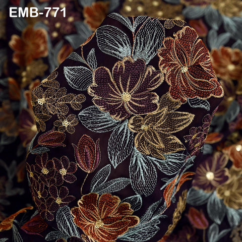 Indian Embroidery Fabric by the Yard Wine Georgette Embroidered Sewing DIY Crafting Summer Women Dress Material Textile Home Decor Curtains