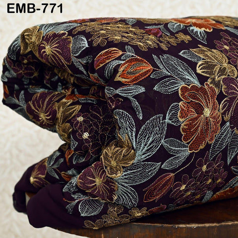 Indian Embroidery Fabric by the Yard Wine Georgette Embroidered Sewing DIY Crafting Summer Women Dress Material Textile Home Decor Curtains