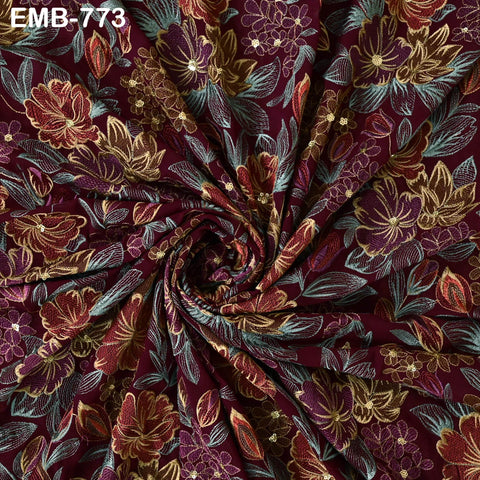 Indian Embroidery Fabric by the Yard Burgundy Georgette Embroidered Sewing Crafting Summer Women Dress Material Textile Home Decor Curtains