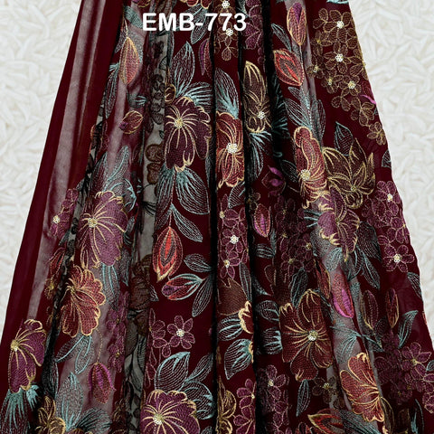 Indian Embroidery Fabric by the Yard Burgundy Georgette Embroidered Sewing Crafting Summer Women Dress Material Textile Home Decor Curtains