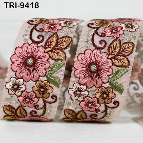 9 Yard Dusty Pink Embroidery Ribbon 4cm Trim Embroidered Indian Sari Embellishments Crafting Cat Dogs Collar Trimmings Headband Saree Border