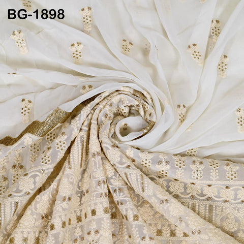 Dyeable Georgette Sequined Embroidered Fabric by the Yard Ivory Wedding Dress Indian Sequin Saree Crafting Sewing Costumes chikankari