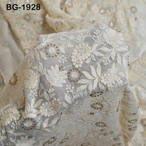 Dyeable Embroidered Fabric by the Yard Indian Sequin Saree white Georgette Sequined Wedding Dress Crafting Sewing Costumes Chikankari