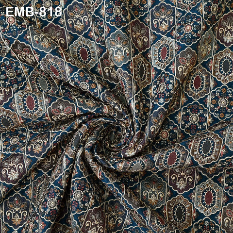 Teal Blue Embroidered Fabric by the yard Sewing DIY Crafting Embroidery Dresses Costumes Regency Reticules Victorian Handbags Junk Journals