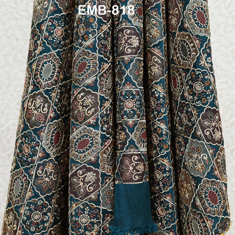 Teal Blue Embroidered Fabric by the yard Sewing DIY Crafting Embroidery Dresses Costumes Regency Reticules Victorian Handbags Junk Journals