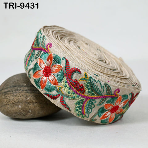 9 Yard Embroidery Ribbon Trim 5cm Sari Border Saree Embellishments Sewing DIY Crafting Costumes Headband Dog Collar Tote Bags Junk Journals