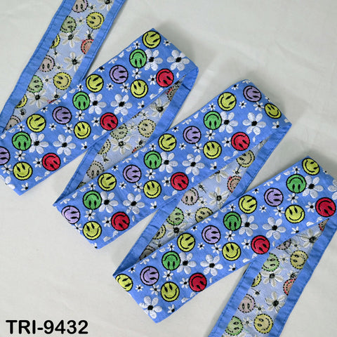 3 Yard Blue Smilely Embroidery Ribbon 6cm Indian Sari Border Embroidered DIY Crafting Sewing Junk Journals Kids Costumes Home Decor Trimming