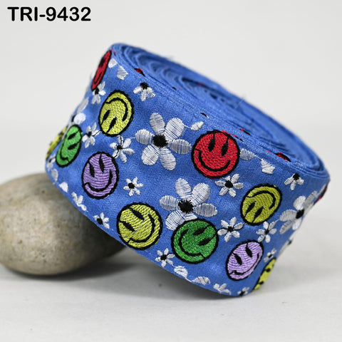 3 Yard Blue Smilely Embroidery Ribbon 6cm Indian Sari Border Embroidered DIY Crafting Sewing Junk Journals Kids Costumes Home Decor Trimming