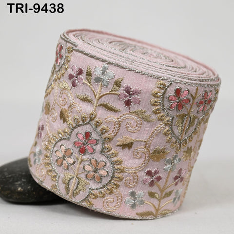 9 Yard Pink Embroidered Ribbons 10cm Trim Indian Embroidery Laces | Sari Border Saree | DIY Crafting Beach Bag Decorative Trimmings Tapes