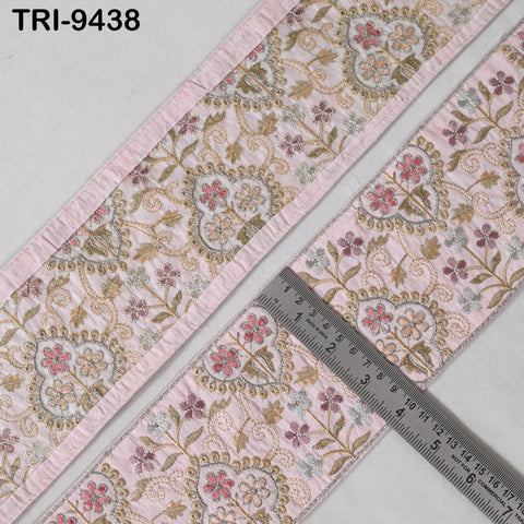 9 Yard Pink Embroidered Ribbons 10cm Trim Indian Embroidery Laces | Sari Border Saree | DIY Crafting Beach Bag Decorative Trimmings Tapes