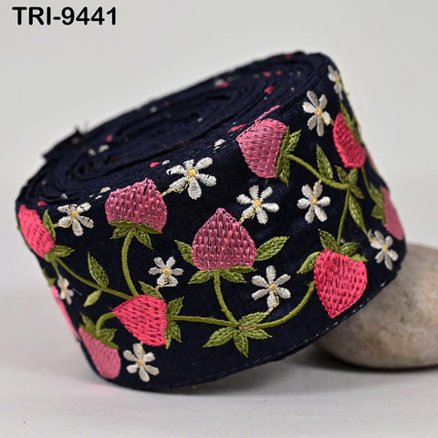 9 Yard Strawberry Embroidery Ribbon Trim 4cm Embellishments Sari Sewing DIY Crafting Border Indian Embroidered Trimmings Laces Junk Journals