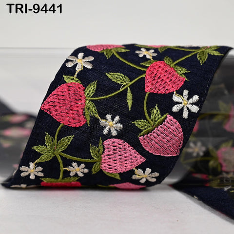 9 Yard Strawberry Embroidery Ribbon Trim 4cm Embellishments Sari Sewing DIY Crafting Border Indian Embroidered Trimmings Laces Junk Journals