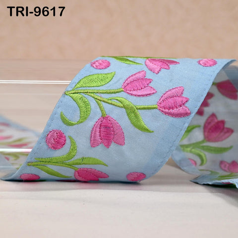 9 Yard Blue Floral Embroidery Ribbon Indian Sari Border Embroidered Crafting Sewing Junk Journals Kids Costumes Home Decor Trimming 7.62 cm