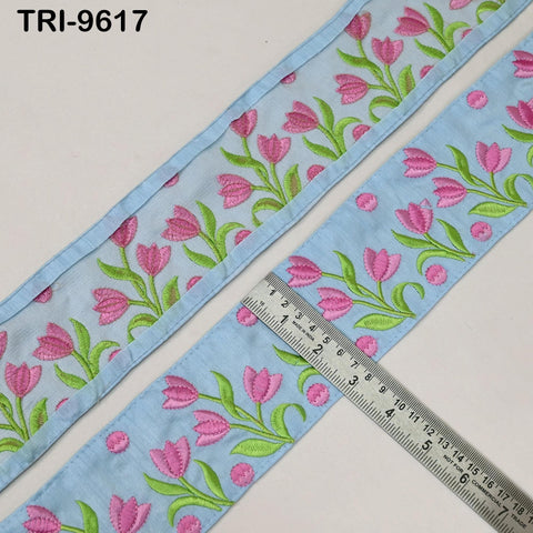 9 Yard Blue Floral Embroidery Ribbon Indian Sari Border Embroidered Crafting Sewing Junk Journals Kids Costumes Home Decor Trimming 7.62 cm