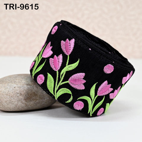 9 Yard Black Floral Embroidery Ribbon Indian Sari Border Embroidered Crafting Sewing Kids Junk Journals Costumes Home Decor Trimming 7.62 cm