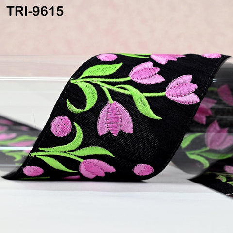 9 Yard Black Floral Embroidery Ribbon Indian Sari Border Embroidered Crafting Sewing Kids Junk Journals Costumes Home Decor Trimming 7.62 cm