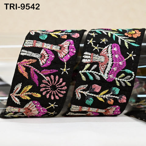 9 Yard Black Indian Embroidery Ribbon 5cm Trim Mushroom Sari Border DIY Craft Sewing Bag Straps Regency Reticules Home Decor Junk Journal