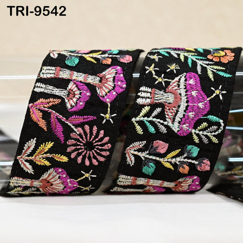 3 Yard Black Indian Embroidery Ribbon Trim Mushroom Sari Border DIY Craft Sewing Bag Straps Regency Reticules Home Decor Junk Journal 5cm