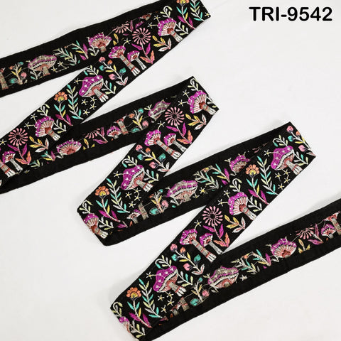 3 Yard Black Indian Embroidery Ribbon Trim Mushroom Sari Border DIY Craft Sewing Bag Straps Regency Reticules Home Decor Junk Journal 5cm