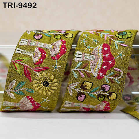 9 Yard Green Embroidery Ribbon Trim Mushroom Indian Sari Border DIY Crafting Sewing Bag Straps for Kids Junk Journals Pets Accessories 5cm