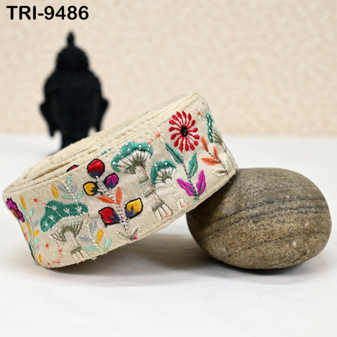 9 Yard Ivory Embroidery Ribbon Trim Mushroom Indian Sari Border DIY Crafting Sewing Beach Bag Straps for Kids Accessories Junk Journals 5cm