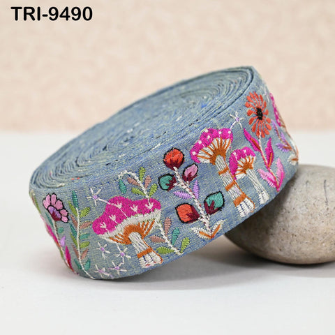 3 Yard Grey Embroidery Ribbon 5cm Trim Mushroom Indian Sari Border DIY Crafting Sewing Beach Bag Straps for Kids Accessories Junk Journals