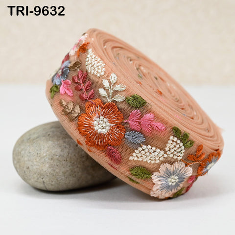 9 Yard Peach Indian Embroidery Ribbon 5cm Trim Sari Border DIY Crafting Sewing Embroidered Shoe making Designer Curtain Home Decor Trimmings