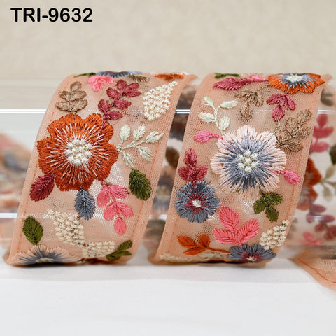 9 Yard Peach Indian Embroidery Ribbon 5cm Trim Sari Border DIY Crafting Sewing Embroidered Shoe making Designer Curtain Home Decor Trimmings