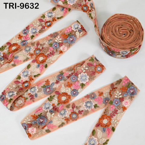 9 Yard Peach Indian Embroidery Ribbon 5cm Trim Sari Border DIY Crafting Sewing Embroidered Shoe making Designer Curtain Home Decor Trimmings