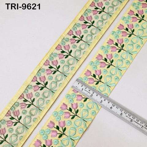 9 Yard Yellow Floral Embroidery Ribbon Indian Sari Border Embroidered Crafting Sewing Junk Journals Kids Costume Home Decor Trimming 7.62 cm