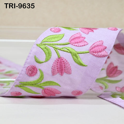 3 Yard Lavender Floral Embroidery 70 mm Ribbon Indian Sari Border Embroidered Crafting Sewing Junk Journals Kids Costumes Home Decor