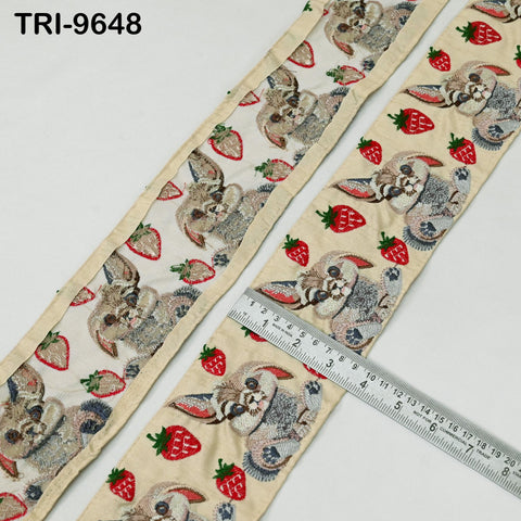 9 Yard Embroidery Ribbon Trim Rabbit with Strawberries Saree Border Crafting Sewing Throw Pillow Home Decor Embellishments Junk Journals 9cm
